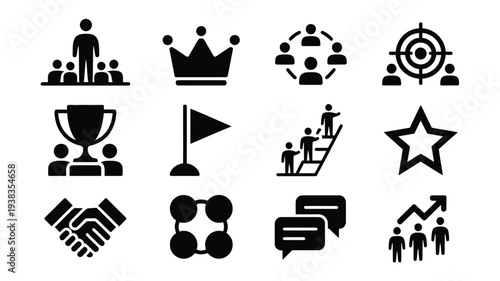 Collection of flat black vector icons for business teamwork and success concepts on white background