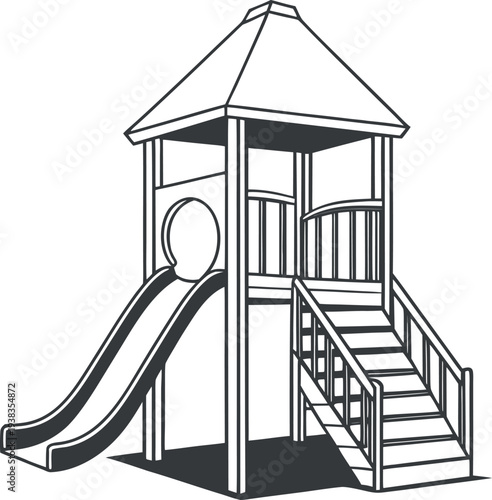 Black and white illustration of a childrens playground gazebo with a slide and staircase