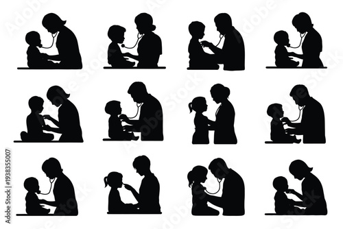 Collection of silhouetted mothers and babies in various breastfeeding and bonding poses diverse family moments illustrated in black on white background