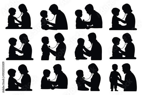 Collection of silhouettes depicting mothers breastfeeding and bonding with babies in various poses and settings illustrating nurturing and motherhood concepts
