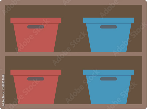 Storage shelf with colorful plastic bins