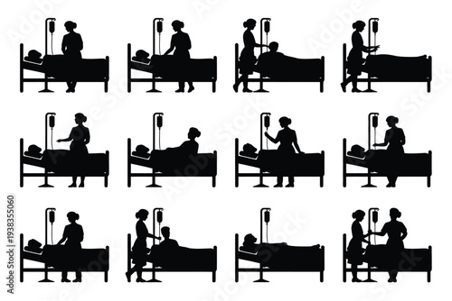 Nurse caring for patient in hospital bed various medical care scenes healthcare silhouettes
