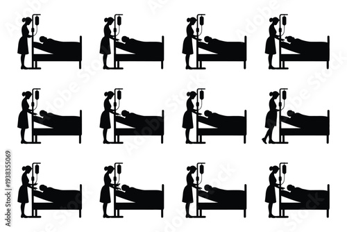 Nurse checking patient in hospital bed black silhouette icons various stages of care simple vector illustrations healthcare concept