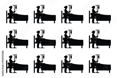 Healthcare professional assisting patient in and out of bed silhouette icons various stages hospital care patient transfer nursing assistance medical support
