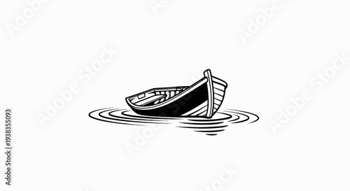 Stylized black and white illustration of a rowboat floating on rippling water