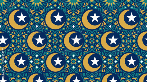 Eid repeating pattern featuring crescents, stars, and florals is ideal for festive occasions. Perfect for greeting cards, banners, textiles.