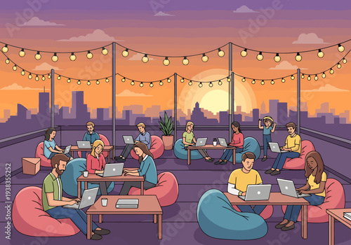 Diverse group of people working on laptops on a rooftop terrace with city skyline at sunset and string lights creating a warm evening atmosphere