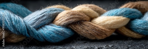 Macro close up of blue and beige braided rope showing detailed fiber texture on a dark background representing strength unity and teamwork concepts for business
