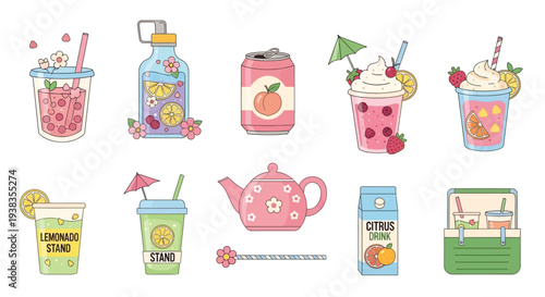 A collection of cute cartoon pastel drinks including lemonade, fruit beverages, a peach soda can, and a teapot, all in a charming, whimsical style.