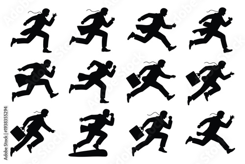 Silhouettes of businesspeople running with briefcases in various dynamic poses against a white background