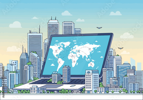 Global connectivity concept with laptop showing world map and modern city skyline background representing digital communication and international