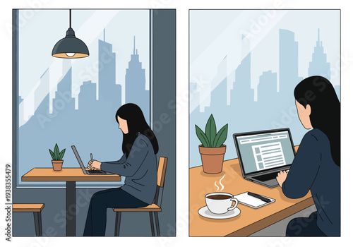 Woman Working Remotely In Cozy Cafe With Cityscape View Using Laptop And Enjoying Coffee Break For Digital Nomad Lifestyle Concept