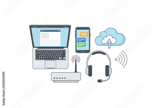 Modern digital devices and cloud connectivity symbols representing online communication and data transfer concepts
