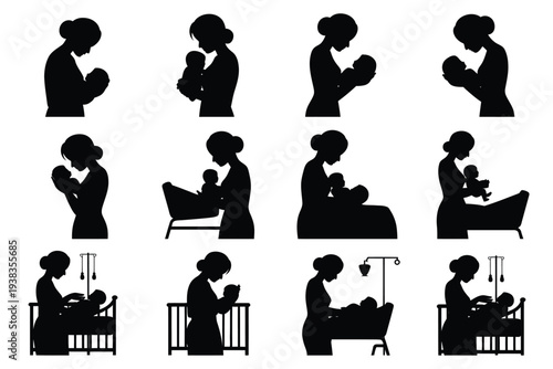 Collection of mother and baby silhouettes showing various breastfeeding and care scenes in different settings and positions