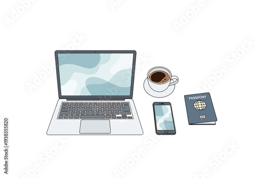 Modern Technology Gadgets and Travel Document for Digital Nomad Lifestyle and Remote Work Business Professional On The Go
