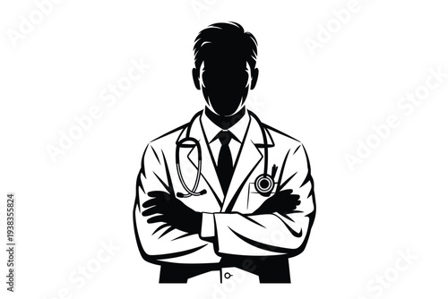 Confident doctor silhouette illustration with stethoscope and medical emblem on white lab coat black tie and crossed arms professional healthcare worker graphic