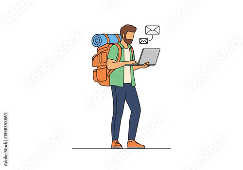 Man with Backpack Using Laptop for Digital Communication and Remote Work During Travel Adventure Journey Outdoors