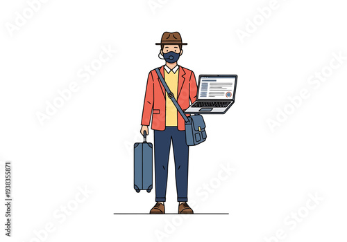 Man in hat and face covering holding a laptop and rolling luggage standing ready for a journey or remote work adventure