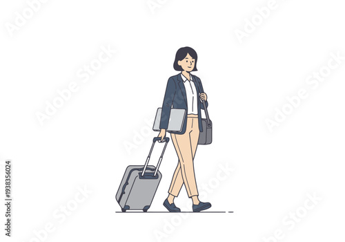 Woman in professional attire walking with wheeled luggage and briefcase for business travel or vacation journey concept