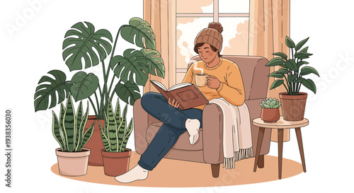 Person Reading Book Holding Coffee Cup in Cozy Room with Houseplants