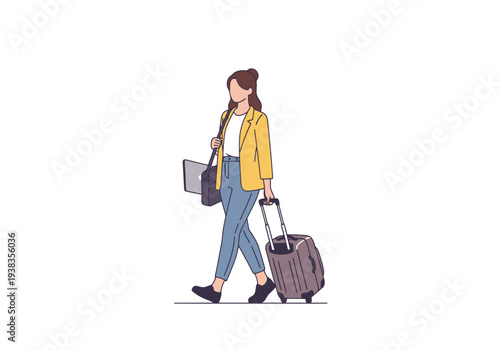 Woman traveler with luggage and laptop walking on white background ready for business trip or vacation adventure