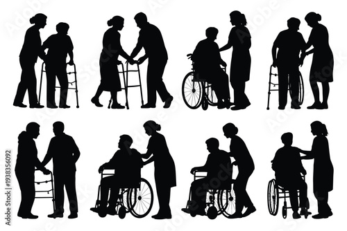 Elderly care silhouette set caregivers assisting seniors with mobility aids on white background