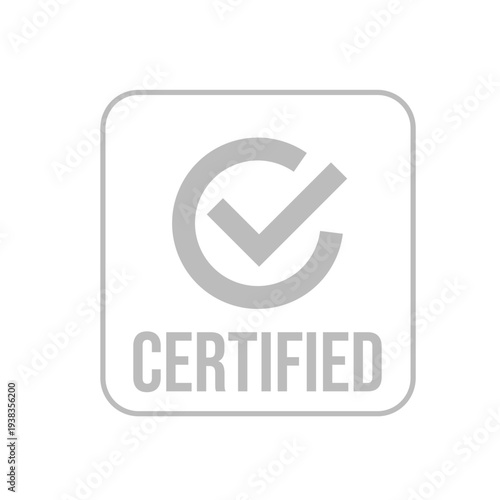 Dark Blue Certification Badge with Rounded Corners and Grey Checkmark Inside Circle Above Certified Text Indicating Approval Trustworthiness and Quality Assurance