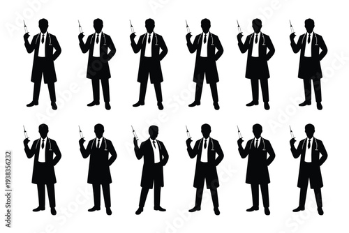Collection of black silhouetted businesspeople in various poses holding guns diverse professional attire white background vector illustrations