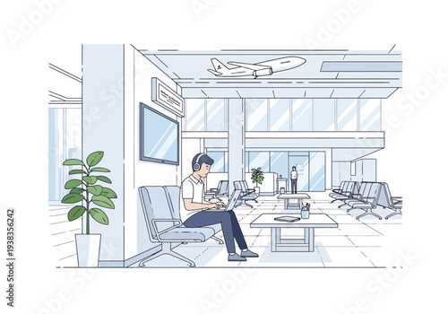 Traveler works on laptop wearing headphones in modern airport waiting area with seating and plant while plane decor hangs overhead