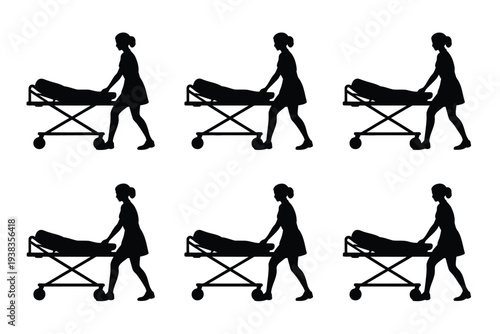 Medical professional silhouette pushing stretcher with patient in various stages of movement healthcare worker hospital transport black and white illustration