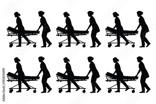 Medical professionals transporting patients on stretchers in various stages of movement silhouetted against a white background conveying care and urgency