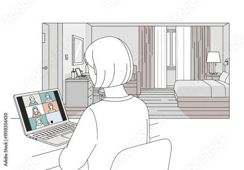 Woman connecting with group online through laptop screen showing faces in virtual meeting room inside a simple dwelling space