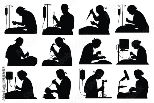 Silhouette of patients sitting in hospital beds using various medical devices and technology