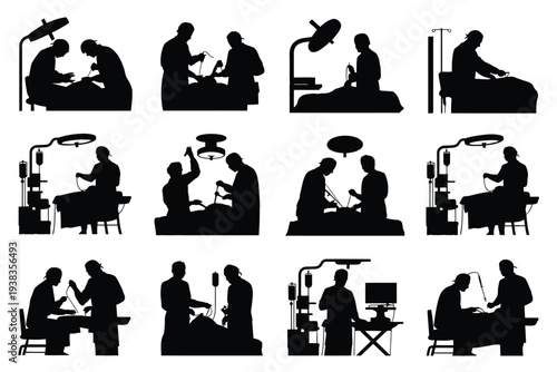 Set of black silhouettes depicting various medical professionals examining patients in different clinical settings and medical equipment