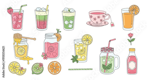 A vibrant collection of refreshing summer drinks and beverages, including iced tea, lemonade, fruit juices, and cocktails, with various fruit garnishes and honey.