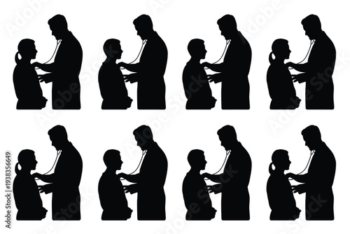 Silhouettes of adults and children interacting in various poses against a white background conveying connection and relationship dynamics