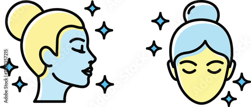 Beautiful glowing woman face for skincare treatment and organic beauty wellness cosmetic hand drawn vector illustration icon set
