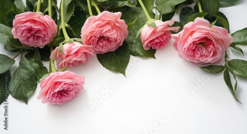 blooming pink roses and fresh leaves shown on a white backdrop