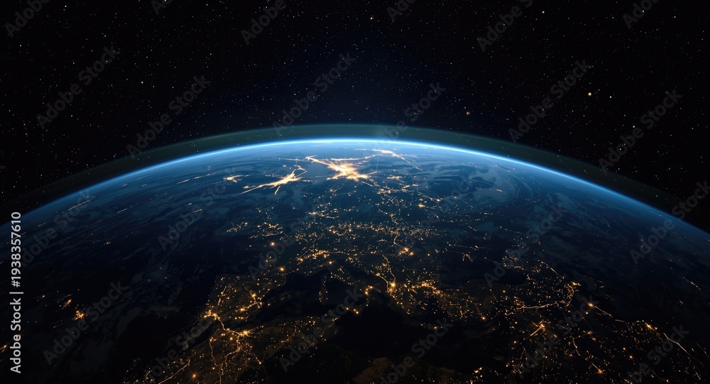 Obraz premium Detailed nighttime Earth view with glowing flares and ample copy space for text