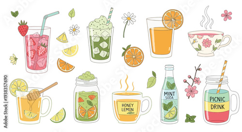 An illustrated collection of various refreshing beverages, including iced fruit drinks, hot teas, juices, and infused waters, presented in a vibrant, hand-drawn style.