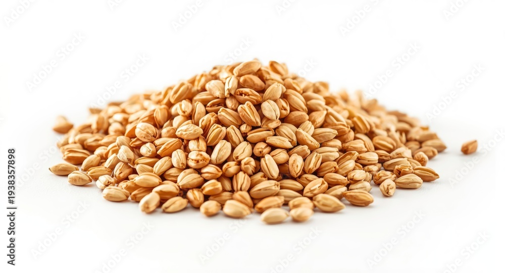 Naklejka premium Pile of malted barley kernels placed on a bright white base