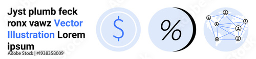 Three finance icons including a dollar sign, percent symbol, and network of connected nodes. Ideal for financial websites, investment blogs, fintech apps, banking services, economic reports