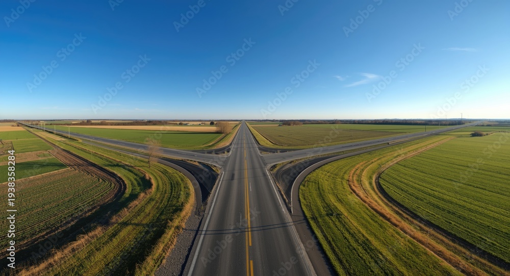 Fototapeta premium Straight wide road dividing into multiple directions surrounded by fields
