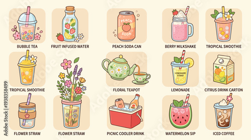 A collection of various refreshing beverages and drink-related items in a cute, cartoonish illustration style, including teas, smoothies, sodas, and fruit drinks.