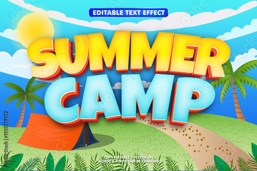 A vibrant summer camp scene with colorful text effect and serene natural background