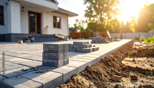 Brick-paved patio under construction in front of a bright house, bathed in sunlight