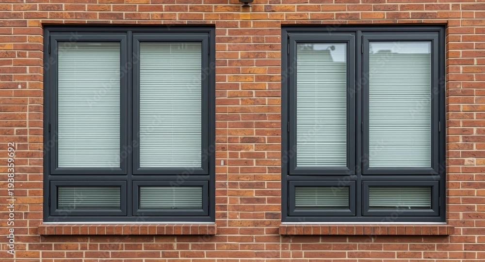 Fototapeta premium Double glazed window frames paired with external blinds on condo exterior including promotional text space