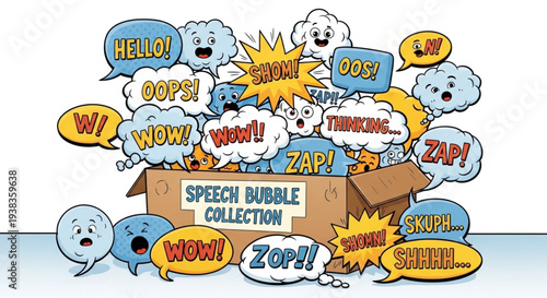 Collection of Speech Bubbles with Various Exclamations and Emotions.