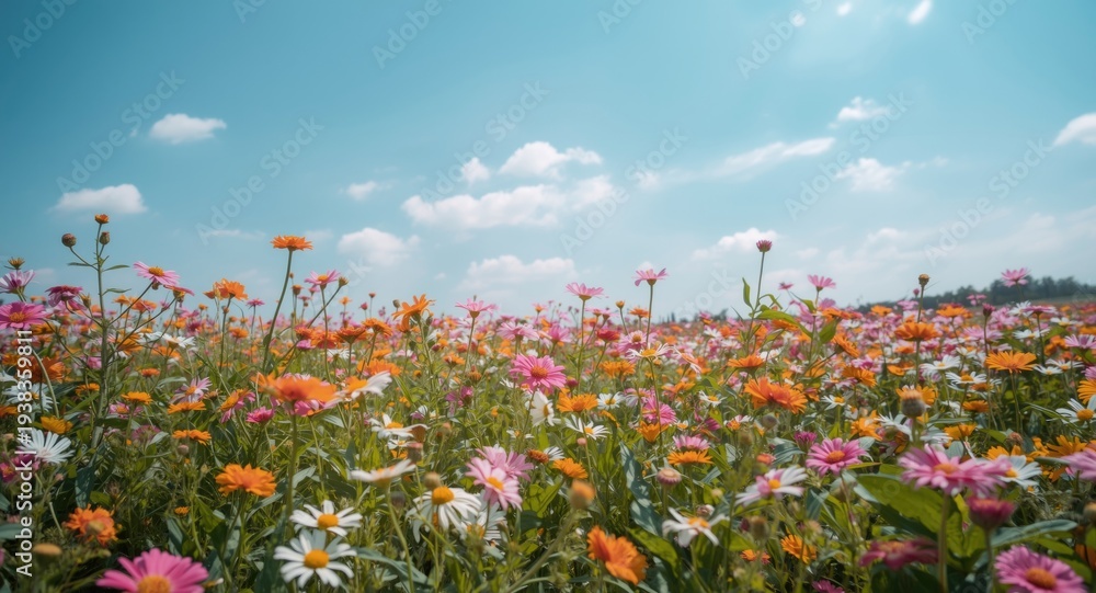 Obraz premium Brightly blooming flowers spread across a sunny meadow with clear sky and soft clouds
