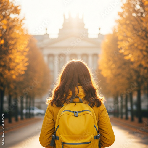 Wallpaper Mural Woman with yellow backpack walking down a tree lined street towards a large building in the distance on a sunny day Torontodigital.ca